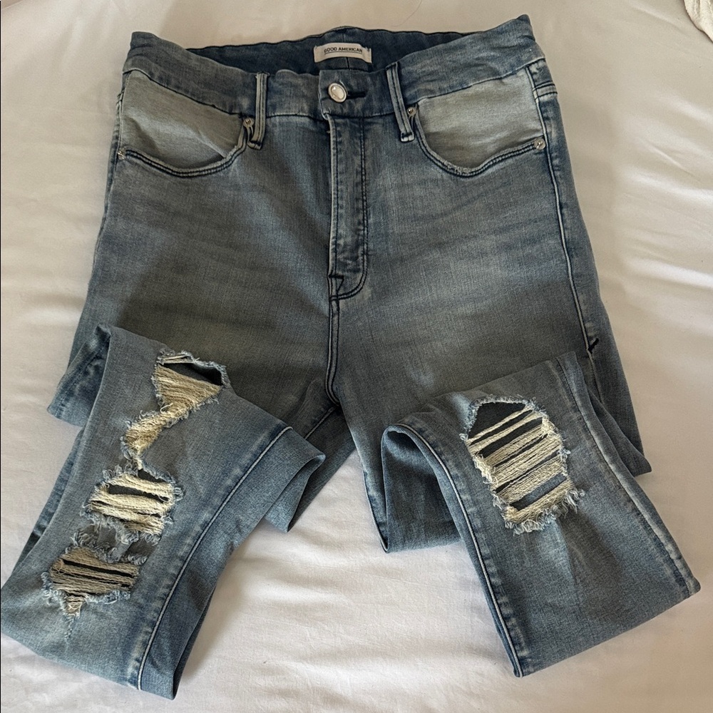 Good American High-Rise Distressed Skinny Jeans - Faded Blue